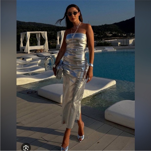 Zara The Fitted Denim bodycon silver midi dress sz.XS - Picture 9 of 16